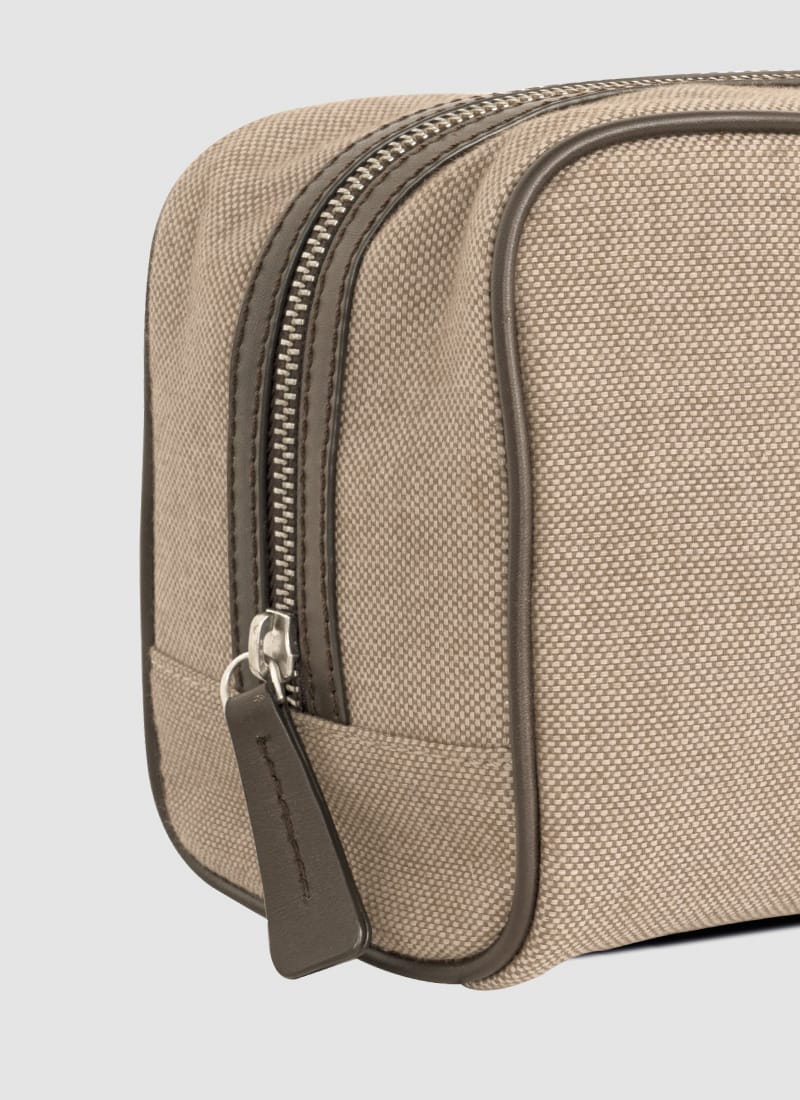 Language Shoes-Men-Rake Wash Bag-Combination of Fabric/Leather-Beige Colour-Leather Accessories