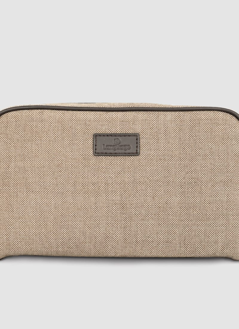 Language Shoes-Men-Rake Wash Bag-Combination of Fabric/Leather-Beige Colour-Leather Accessories