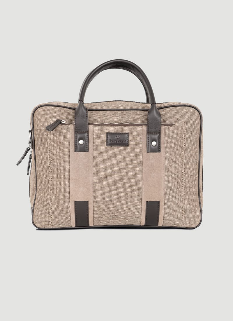 Language Shoes-Men-Damien Laptop Bag-Combination of Fabric/Leather-Beige Colour-Leather Accessories