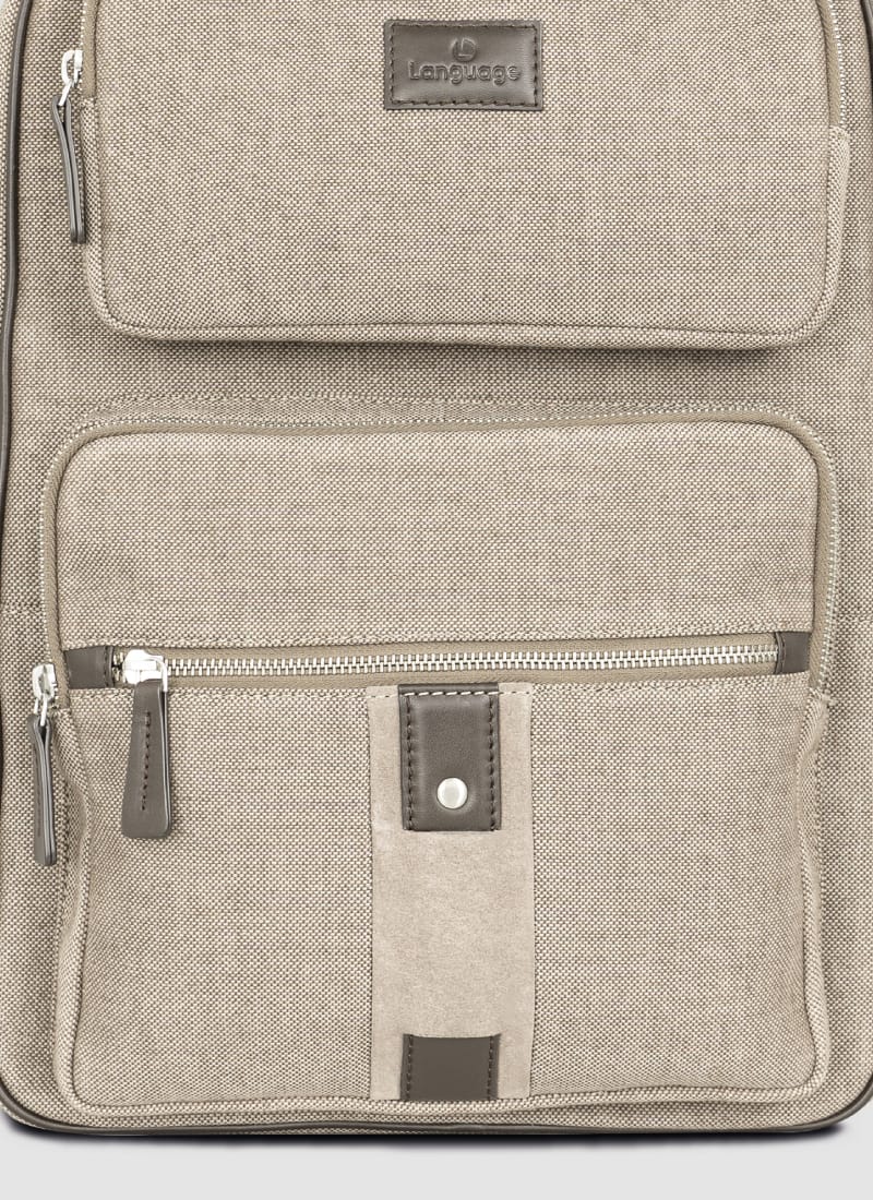 Language Shoes-Men-Rockerfeller Backpack-Combination of Fabric/Leather-Beige Colour-Leather Accessories